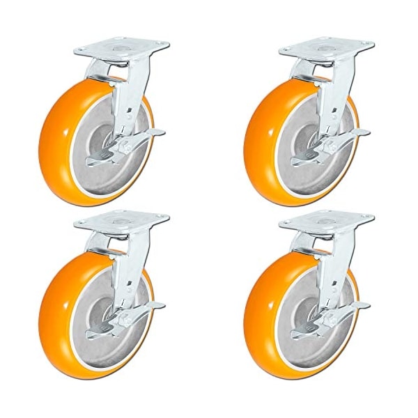 8"x2" Non-Marking Orange Tread Polyurethane Casters, 4 Swi